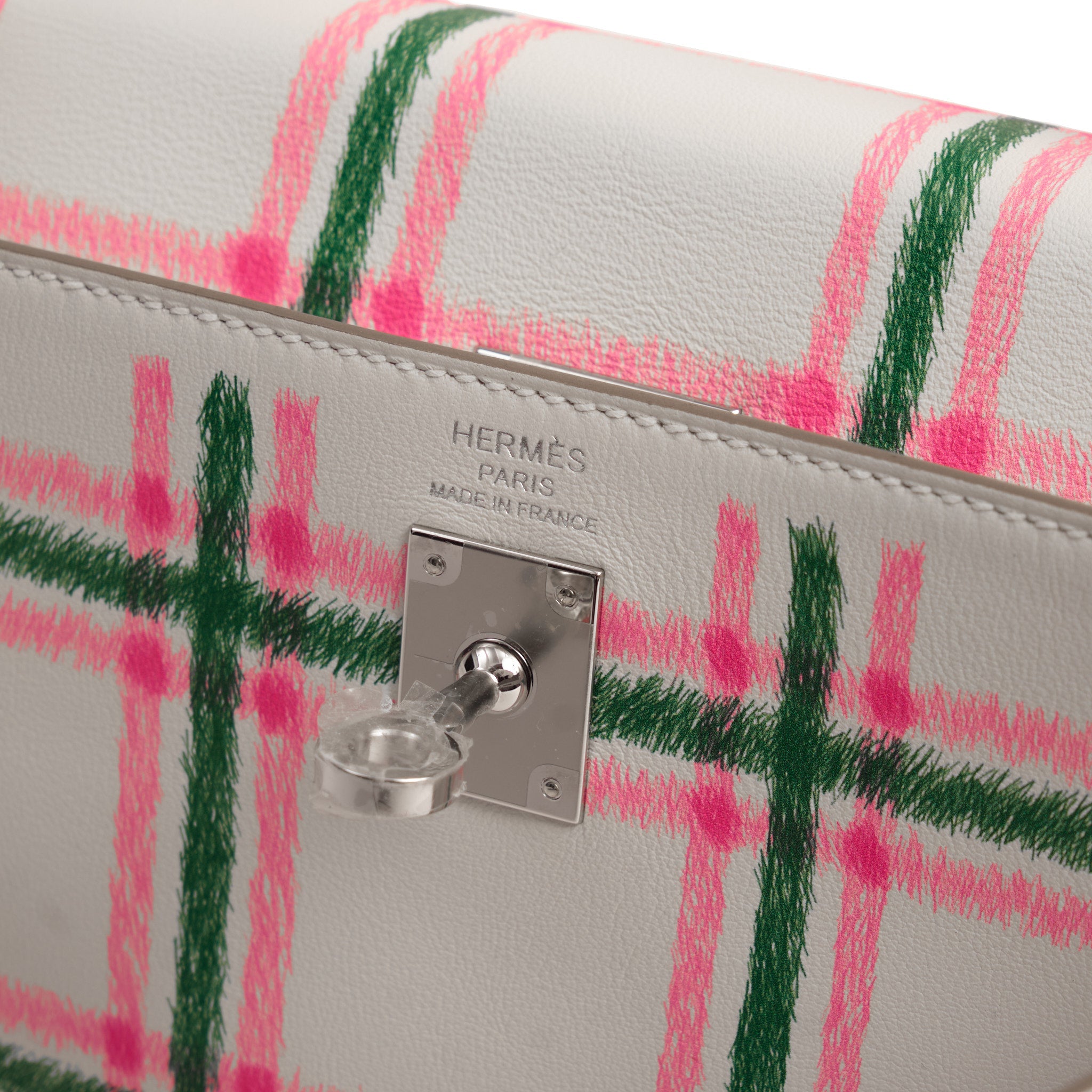 HERMES Kelly 25 Tartan Pale Grey / Bubblegum / Green Swift Leather Palladium Hardware