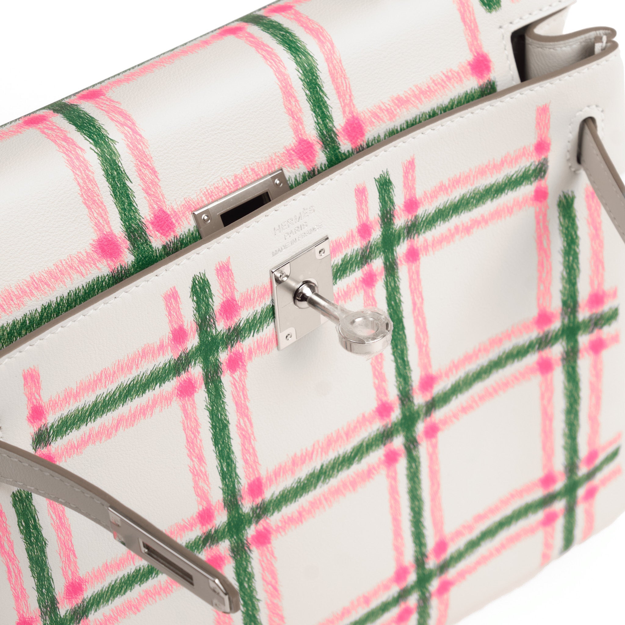 HERMES Kelly 25 Tartan Pale Grey / Bubblegum / Green Swift Leather Palladium Hardware