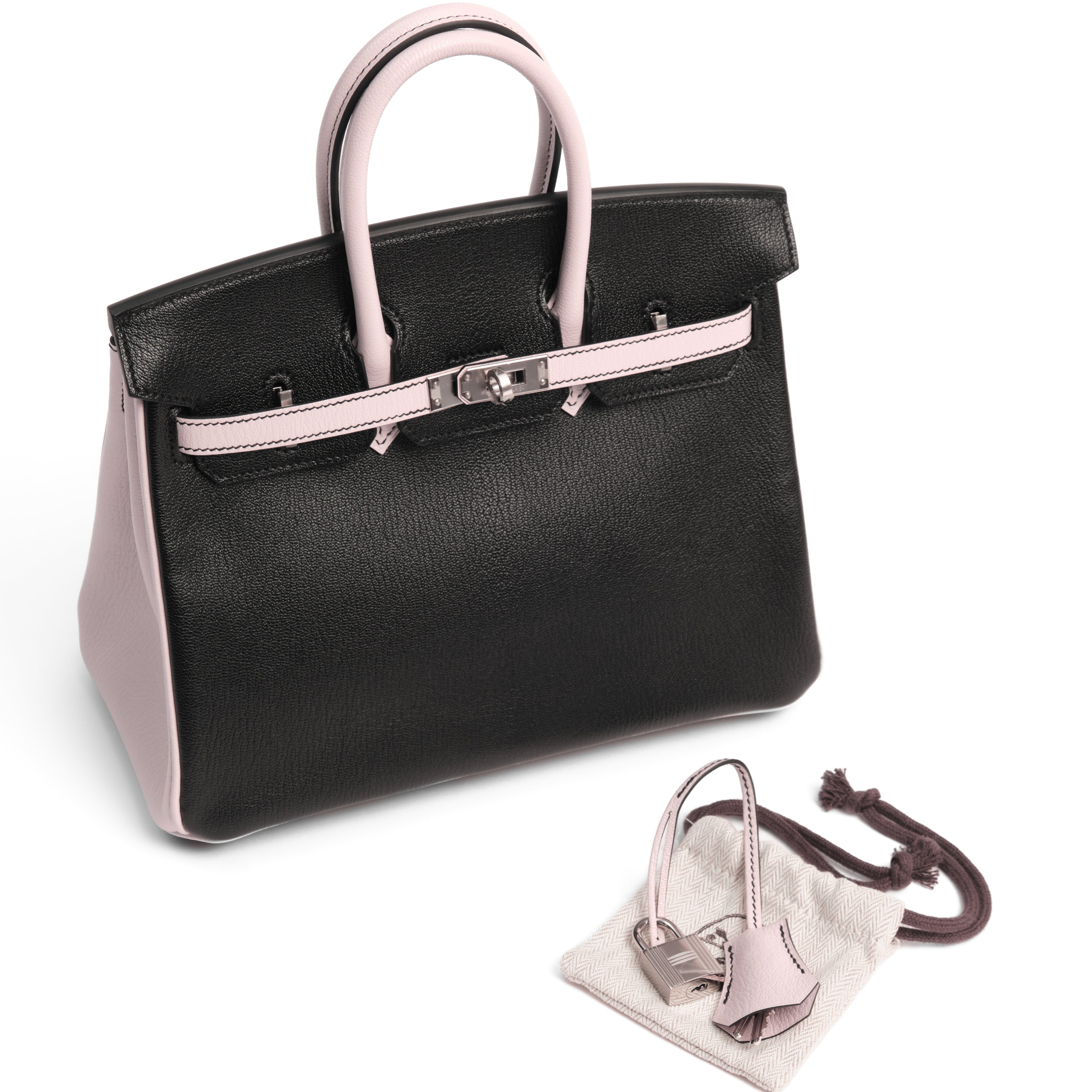 HERMES Birkin 25 HSS Noir / Rose Sakura Veau and Chèvre Leather Palladium Hardware