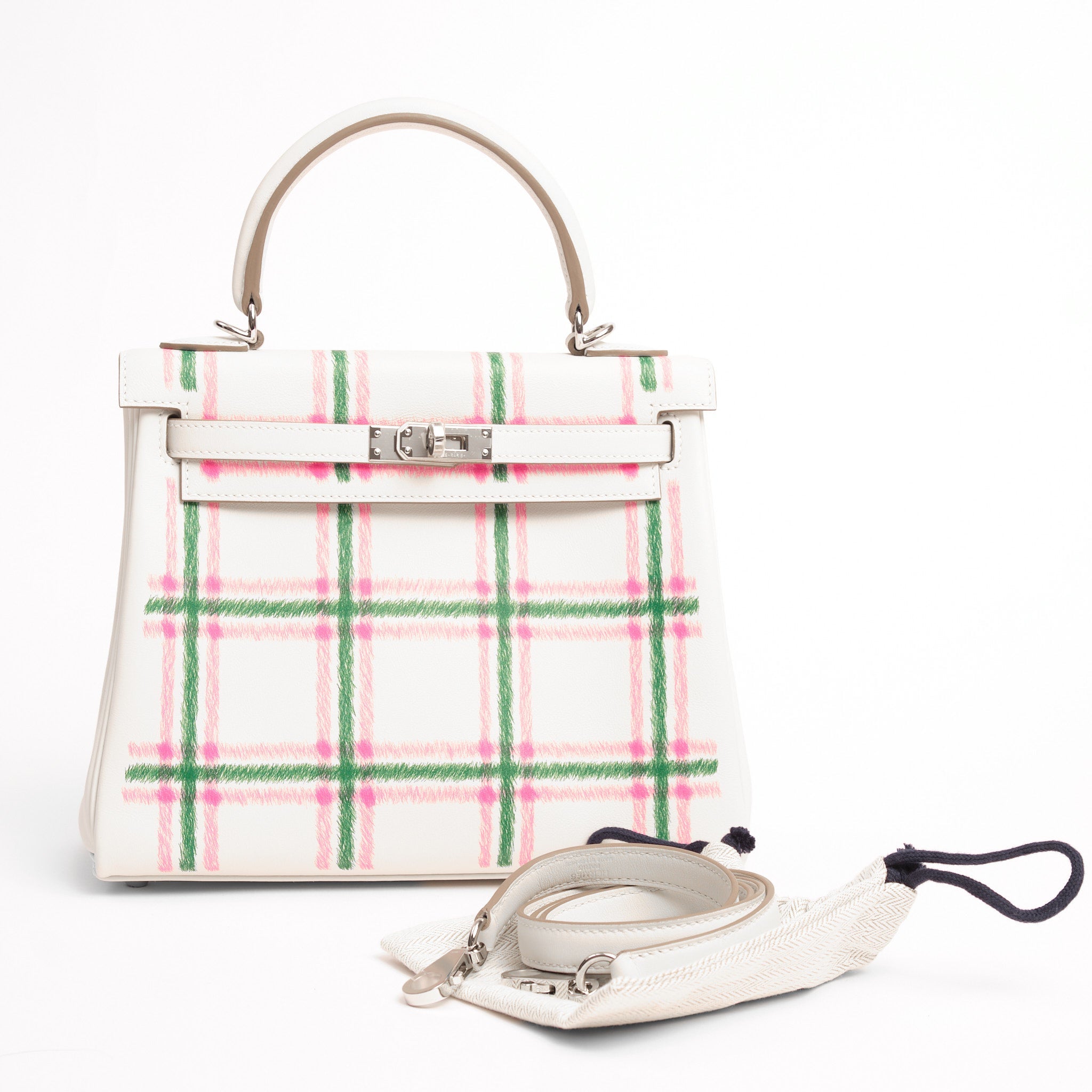 HERMES Kelly 25 Tartan Pale Grey / Bubblegum / Green Swift Leather Palladium Hardware