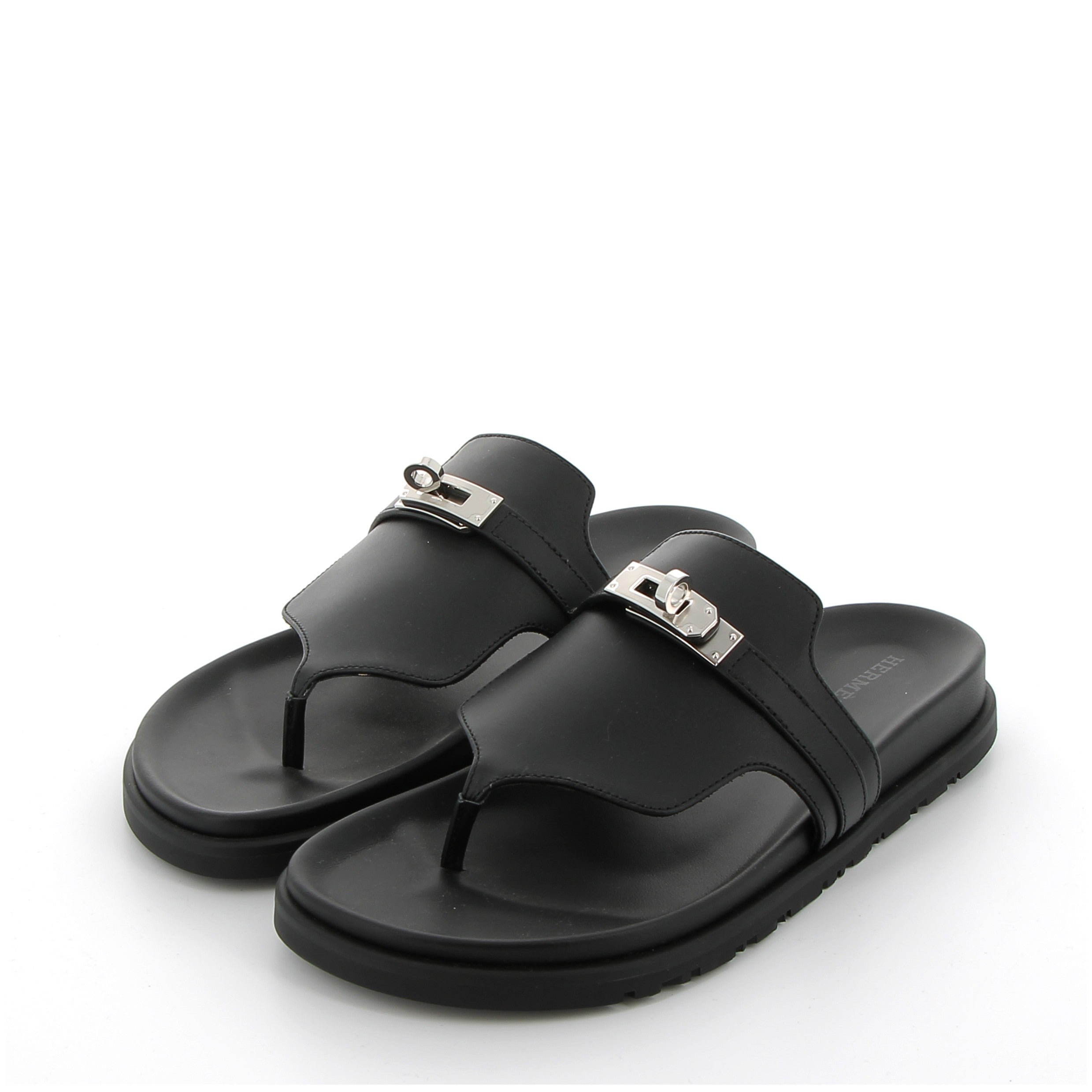 HERMES Empire Sandals Black Swift Palladium Hardware