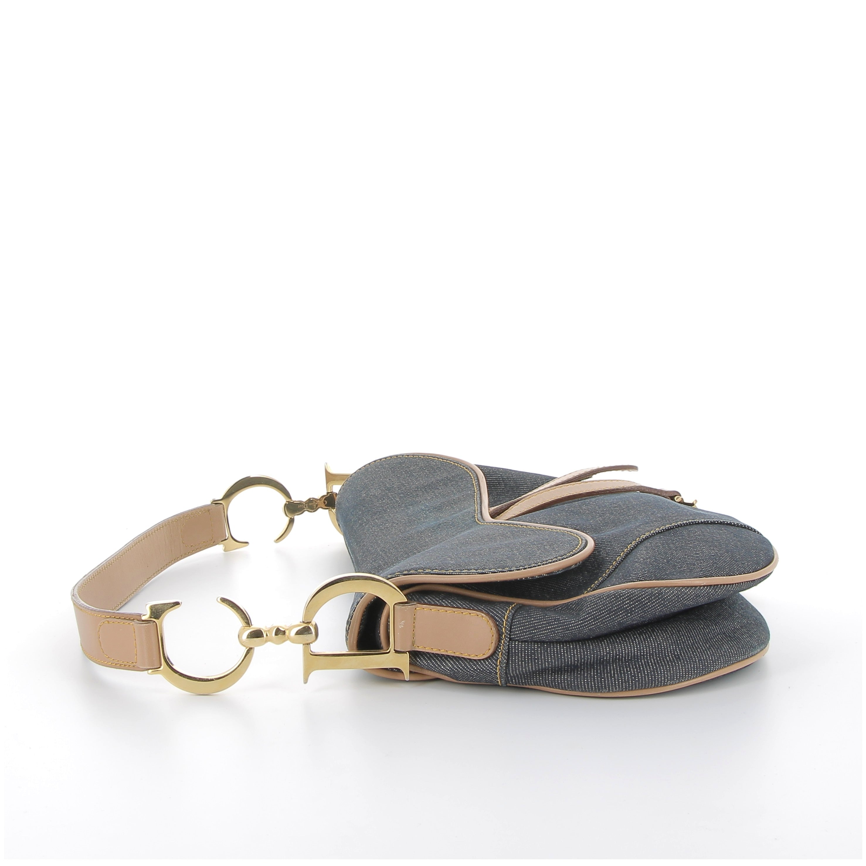 Christian Dior Denim & Beige Leather Saddle Bag with Gold Hardware