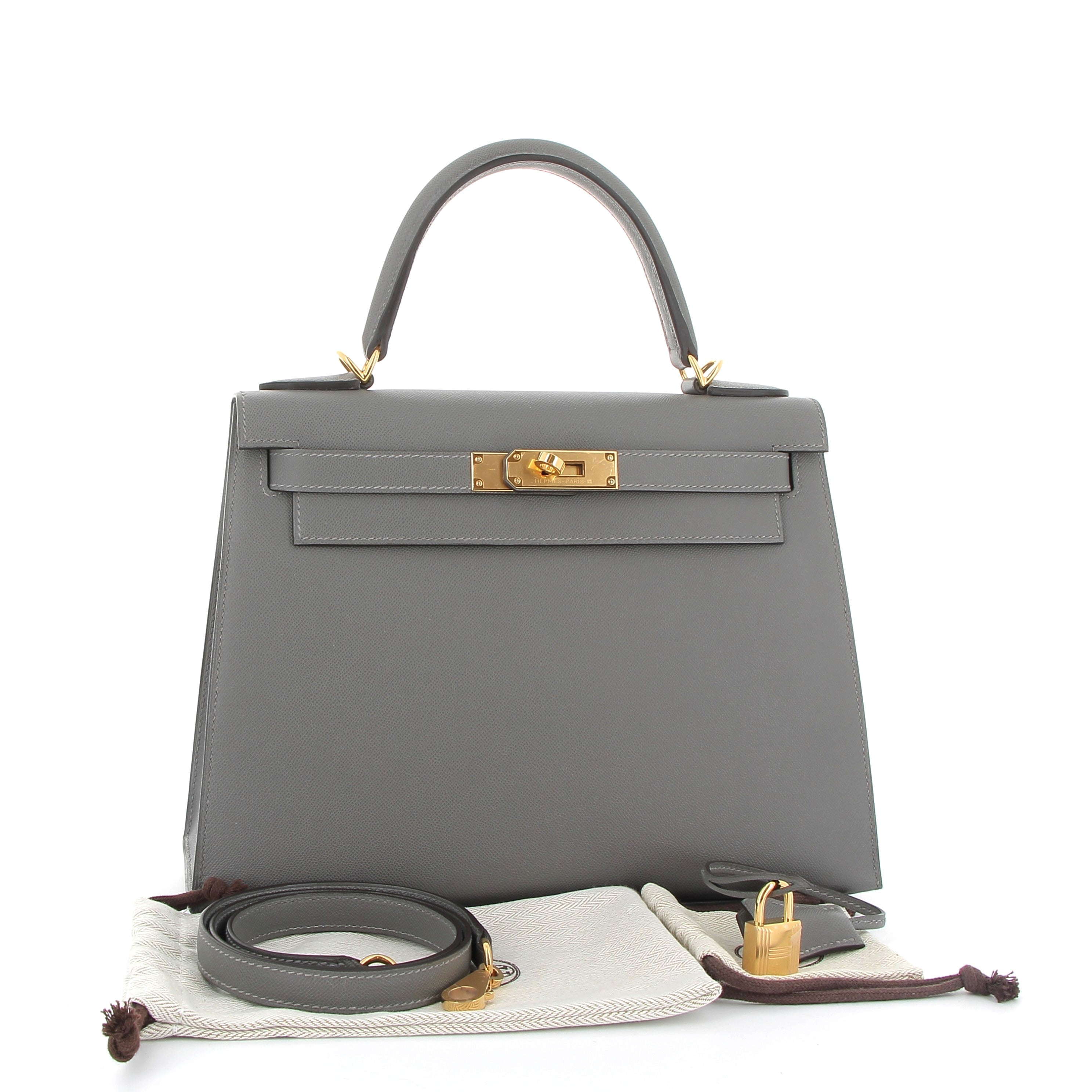 HERMÈS Kelly 28 Gris Meyer Veau Madame Yellow Gold Hardware