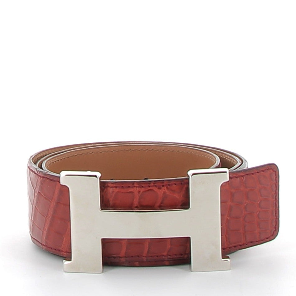 HERMÈS Belt Crocodile Burgundy palladium hardware