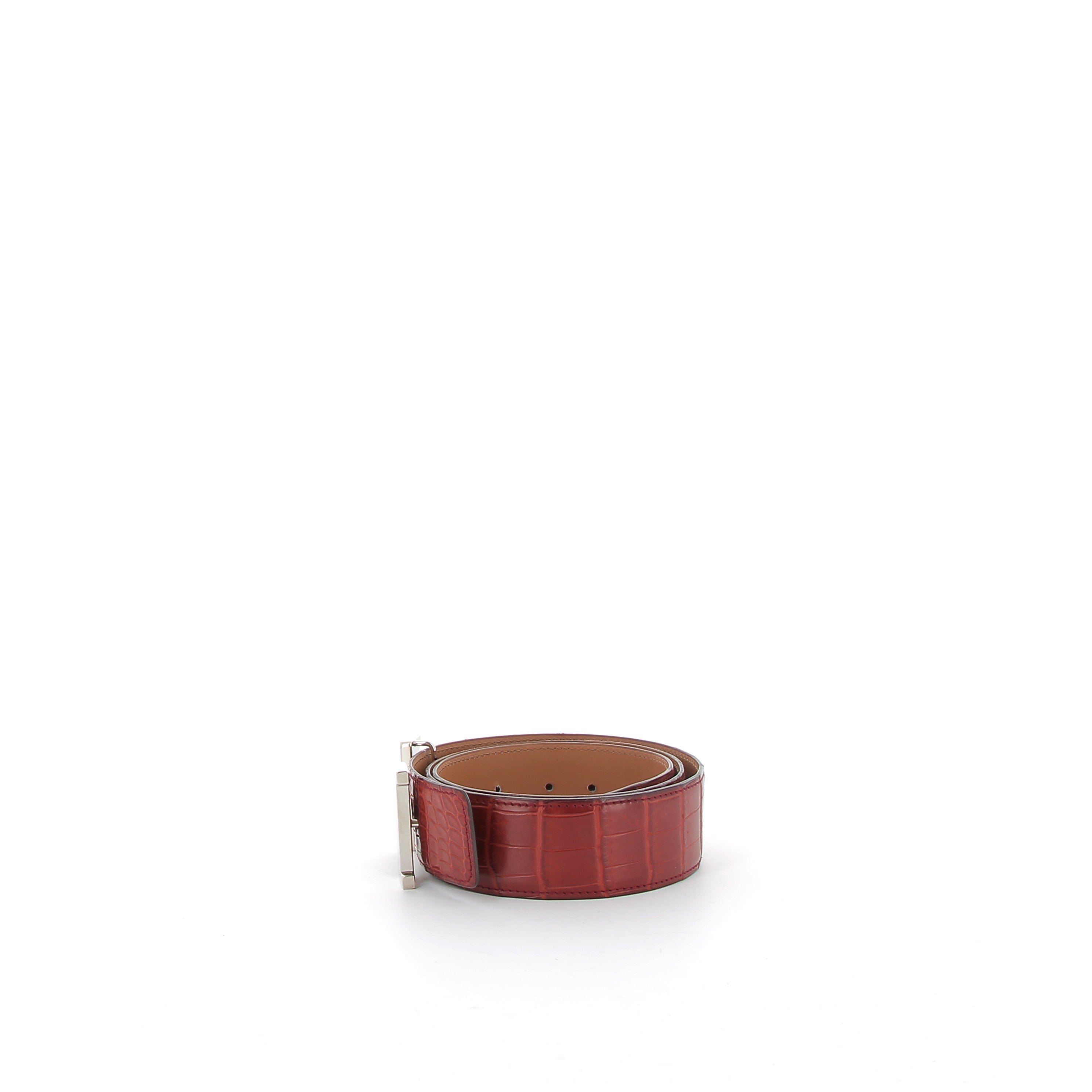 HERMÈS Belt Crocodile Burgundy palladium hardware