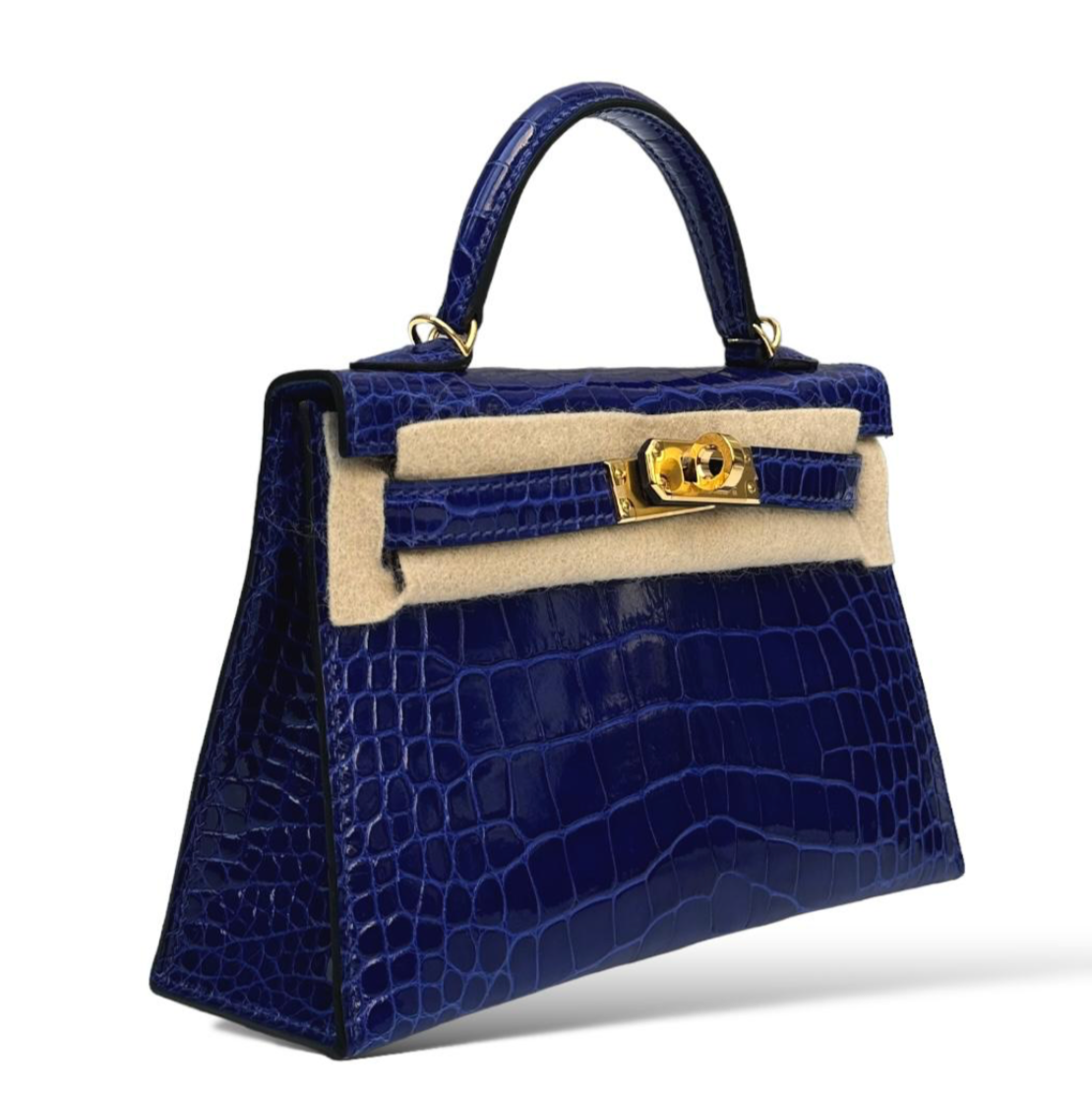 HERMES Kelly 20 Bleu Electrique Shiny Crocodile Gold Hardware
