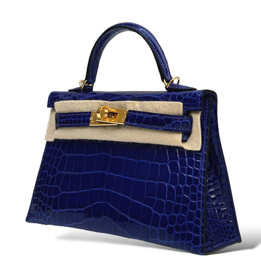 HERMES Kelly 20 Bleu Electrique Shiny Crocodile Gold Hardware