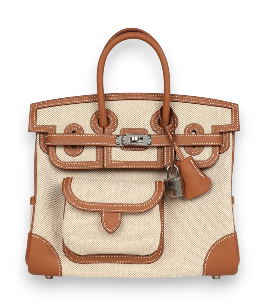 HERMES Birkin 25 Cargo Ecru / Gold Toile & Swift Palladium Hardware