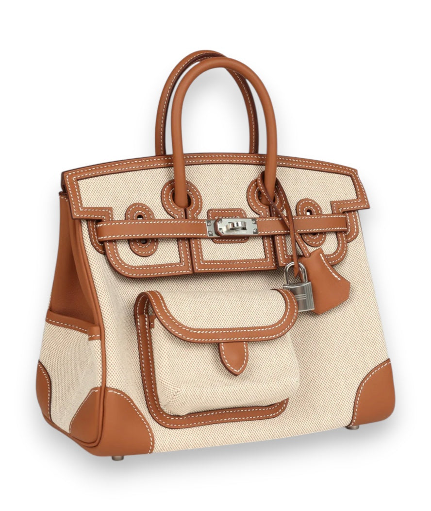 HERMES Birkin 25 Cargo Ecru / Gold Toile & Swift Palladium Hardware