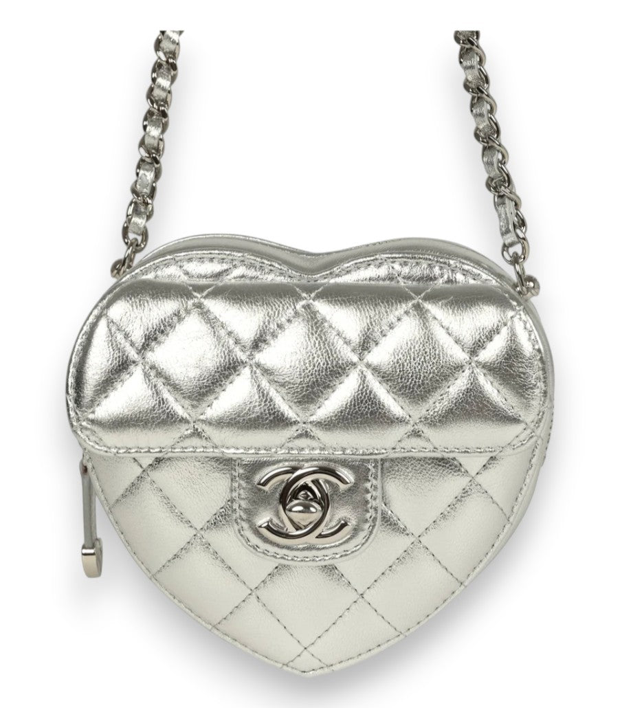 CHANEL Mini Silver Lambskin Heart Bag