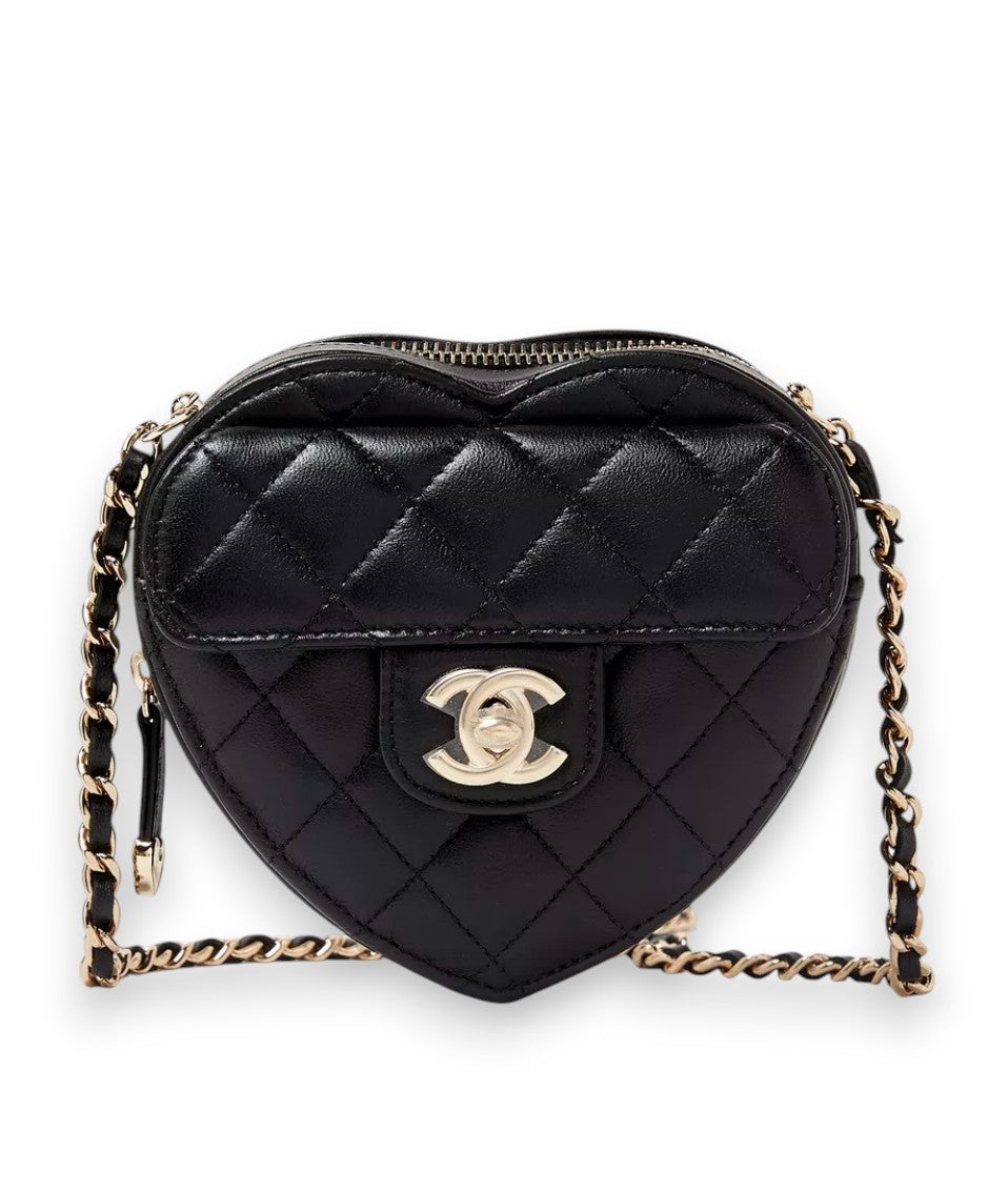 CHANEL Mini Black Lambskin Heart Champagne Hardware