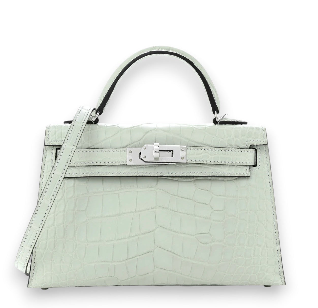 HERMES Kelly 20 Gris Neve Alligator Mississippiensis Palladium Hardware