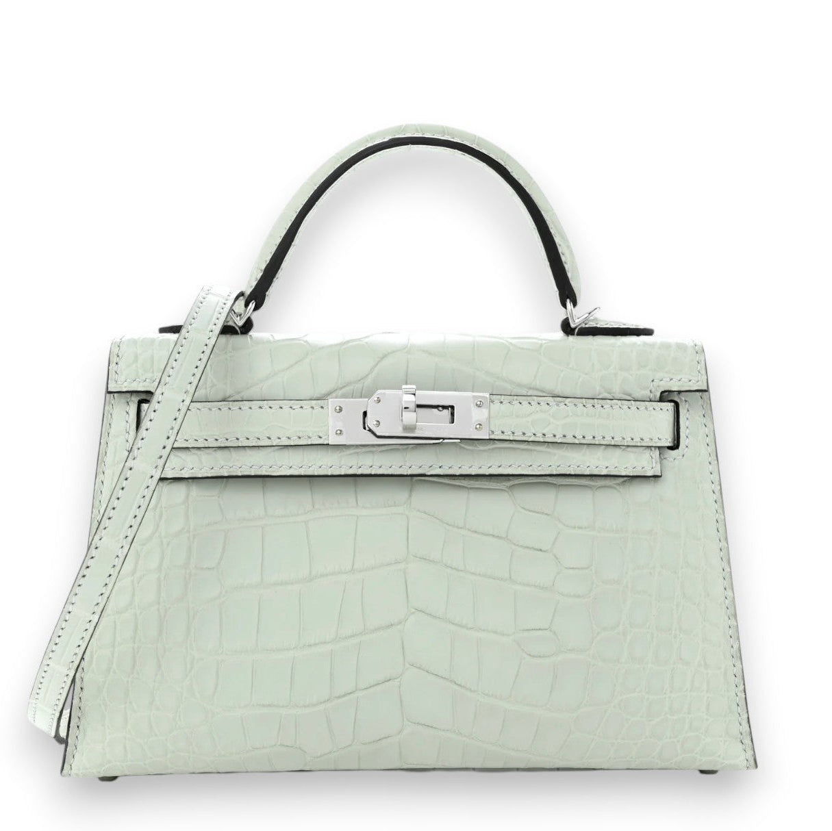 HERMES Kelly 20 Gris Neve Alligator Mississippiensis Palladium Hardware