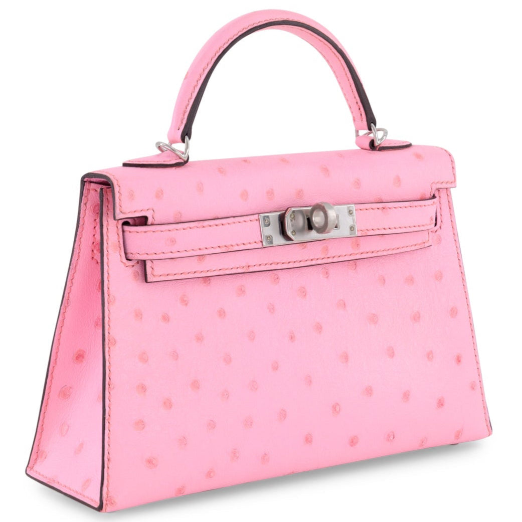 HERMES Kelly 20 Bubblegum Ostrich Palladium hardware