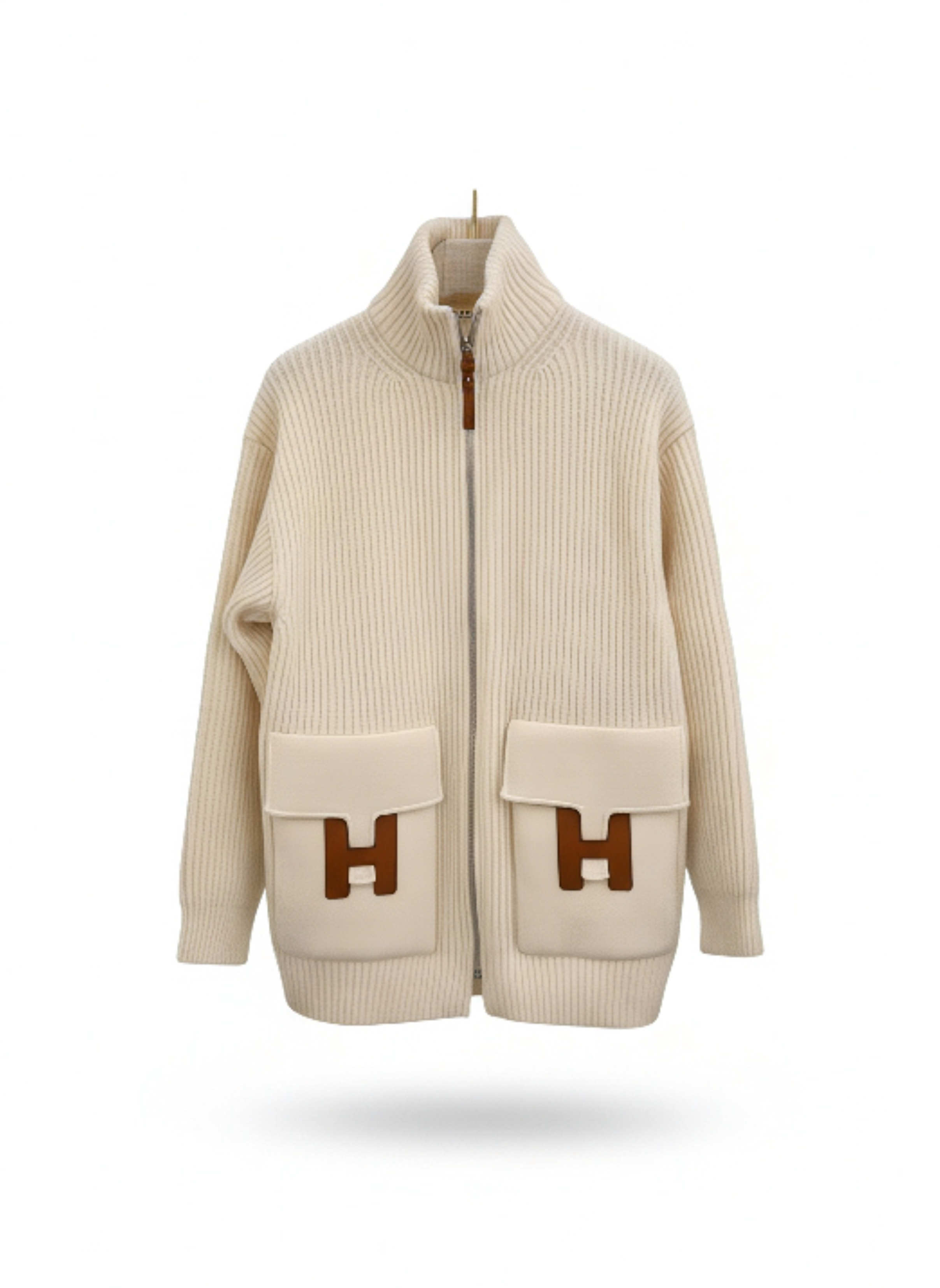 HERMES White & Gold Wool Knitted Cardigan with Leather H Detail