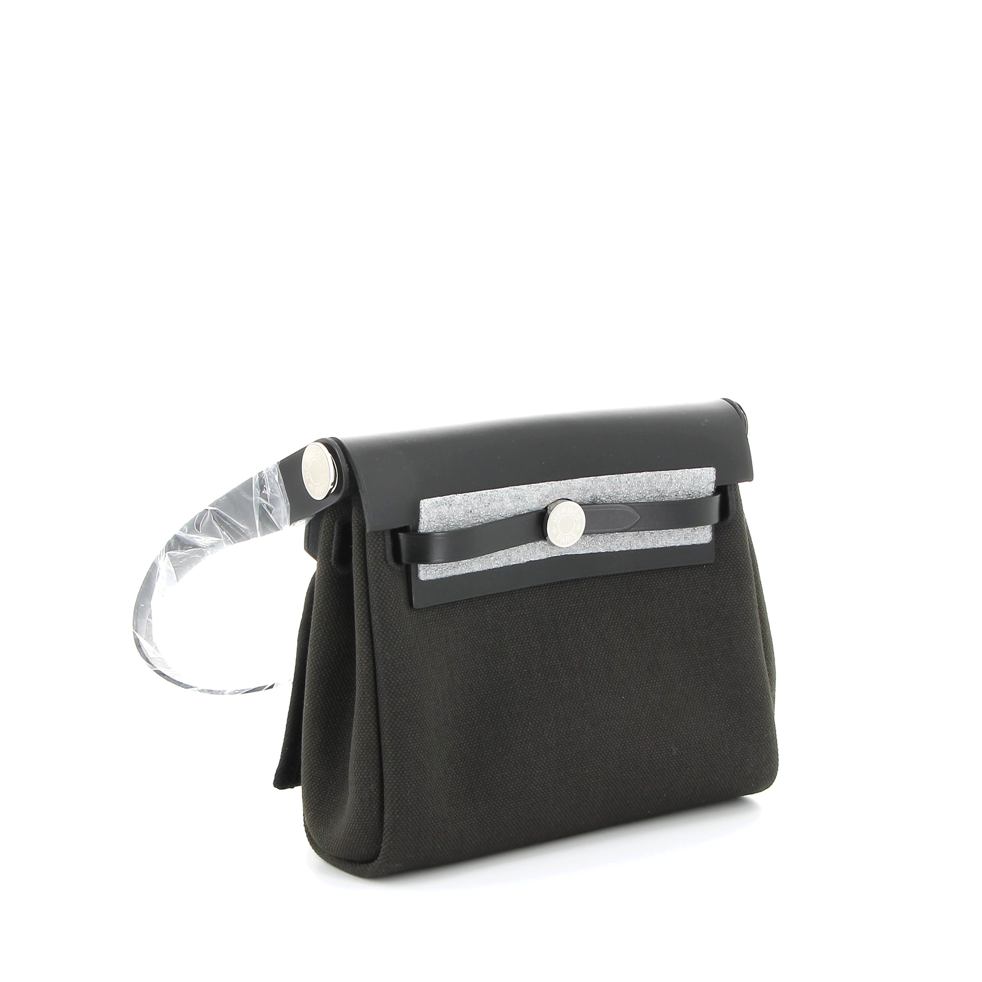 HERMÈS Mini Herbag 20 Noir Swift Leather/Canvas Palladium Hardware