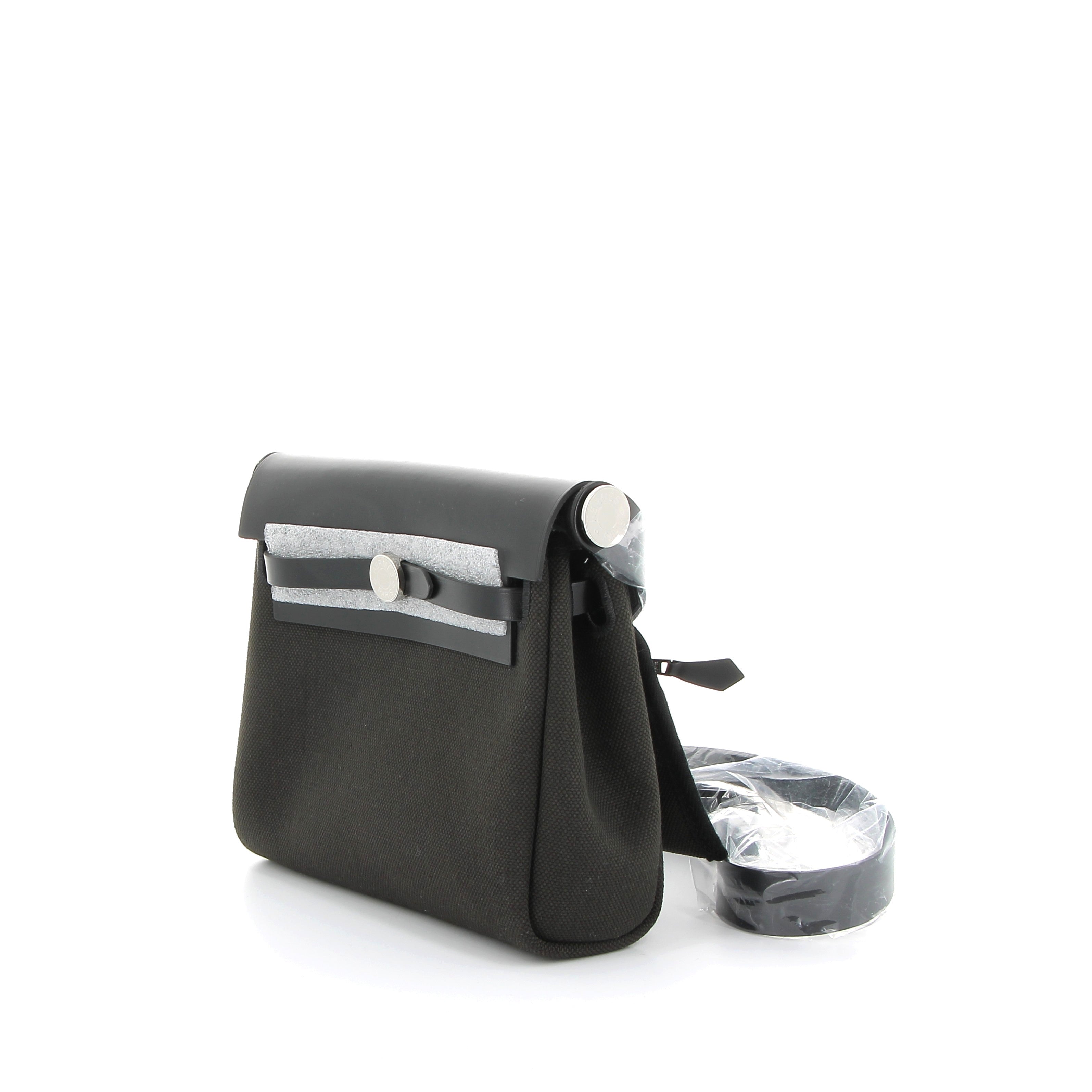 HERMÈS Mini Herbag 20 Noir Swift Leather/Canvas Palladium Hardware