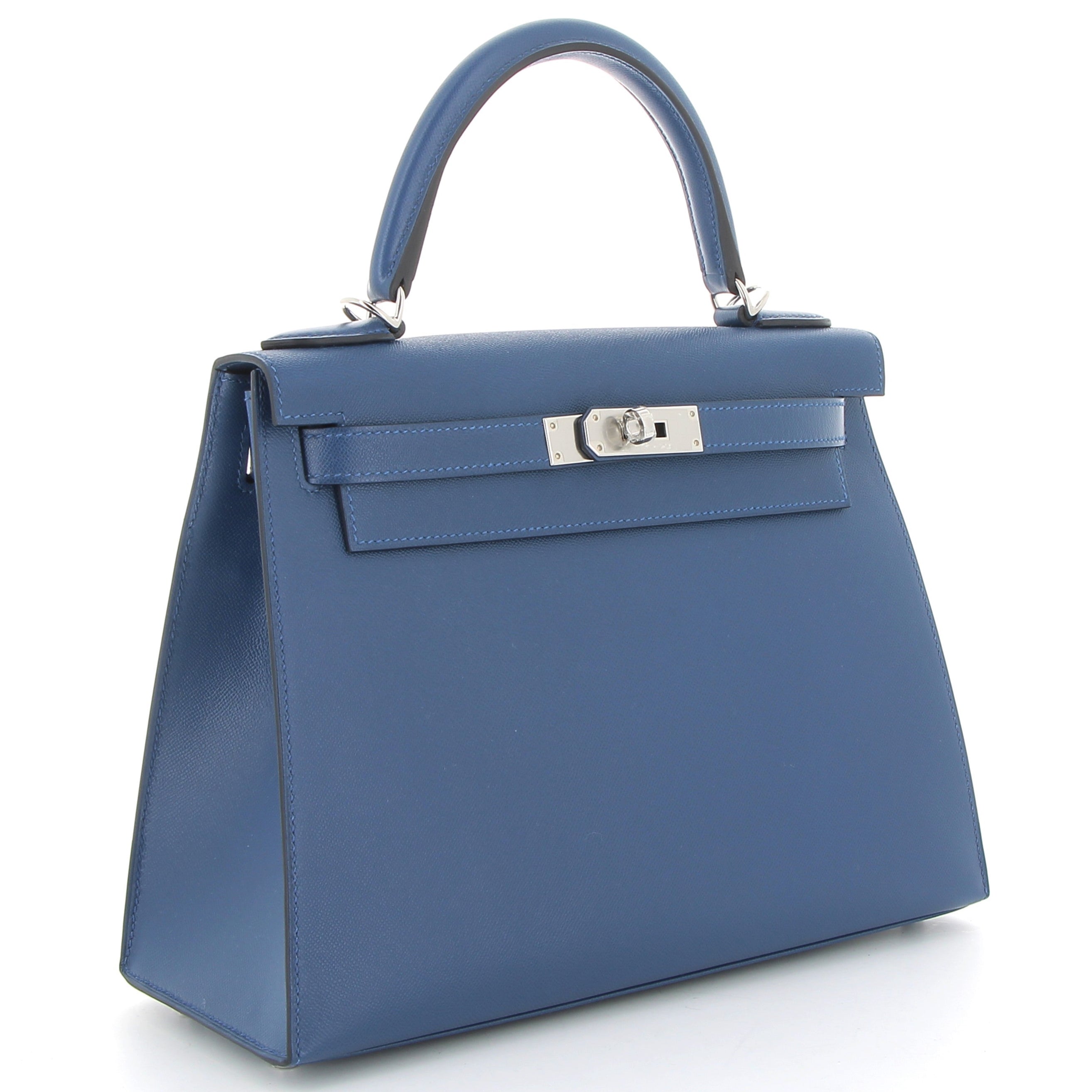 HERMES Kelly 28 Bleu Tie Veau Madame Leather Palladium Hardware