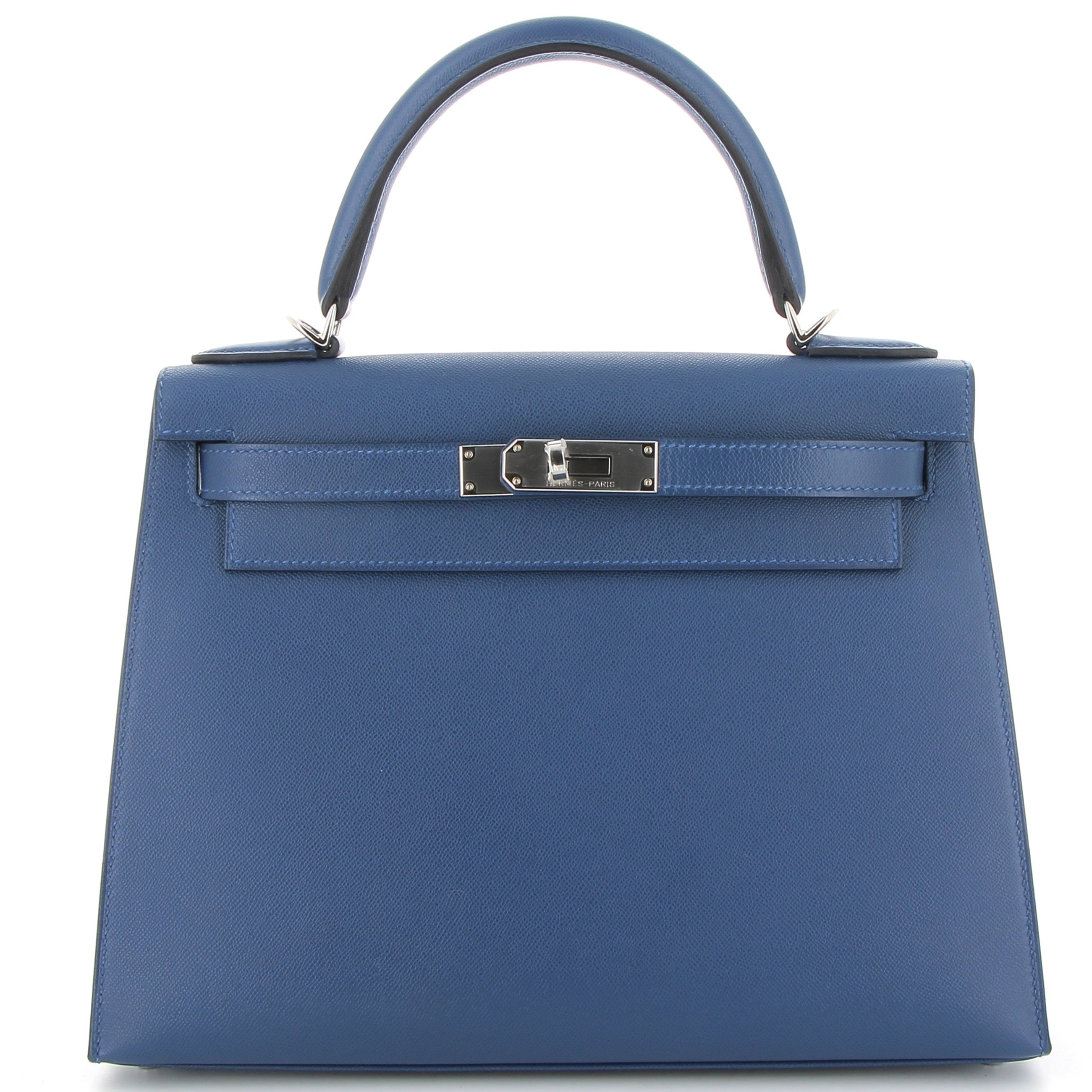 HERMES Kelly 28 Bleu Tie Veau Madame Leather Palladium Hardware